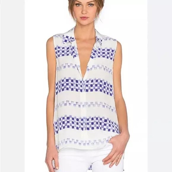 Equipment Femme Sleeveless Tank X-Small 💯 Silk Blouse White Purple Milla Print - Picture 1 of 7